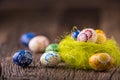 Easter. Hand made easter eggs on old wooden table