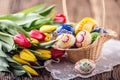 Easter. Hand made painted easter eggs in basket and spring tulips Royalty Free Stock Photo