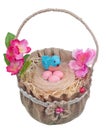 Easter handmade  basket   from canvas with blue  funny clay  bird  and pink  eggs  isolated Royalty Free Stock Photo