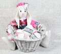 Easter Handmade Bunny with Eggs in Basket Royalty Free Stock Photo