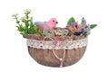 Easter handmade  nest   from canvas  and  flowers with  funny pink   clay bird and quail eggs  isolated Royalty Free Stock Photo