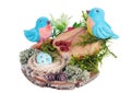 Easter handmade nest from moss and birds and eggs from clay isolated