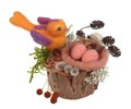 Easter handmade  nest  on pine log  and  funny woolen orange  bird with  eggs   isolated Royalty Free Stock Photo