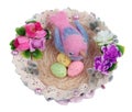 Easter handmade  nest  from rope  with blue funny  bird from  sheep woo and spotted eggs   isolated Royalty Free Stock Photo