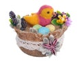 Easter handmade  nest from rope  and  funny  bird from  sheep wool by dry felting   isolated Royalty Free Stock Photo