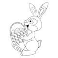 Easter Hare carrying basket full of decorated Eggs. Side view. Template of coloring book with colorless cartoon Rabbit for kids. Royalty Free Stock Photo