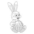 Easter Hare. Coloring page with colorless cartoon Rabbit and basket full of eggs. Template of coloring book with Hare for kids.