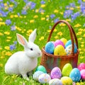 An Easter hare on a summer meadow with colored eggs