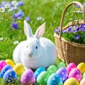 An Easter hare on a summer meadow with colored eggs