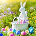 An Easter hare on a summer meadow with colored eggs