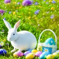 An Easter hare on a summer meadow with colored eggs