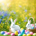 An Easter hare on a summer meadow with colored eggs