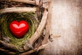 Easter heart decor on a wooden background. Pattern.