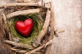 Easter heart decor on a wooden background. Pattern.