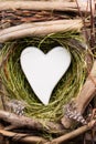 Easter heart decor on a wooden background. Pattern.