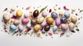 Easter Heaven: Colorful Quail Eggs & Petals on Pure White Background - Aerial Presentatio