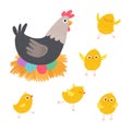 Easter hen and chicks. Hen sitting on colorful eggs. Cartoon vector hand drawn eps 10 illustration isolated on dark Royalty Free Stock Photo