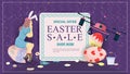 Easter holiday advertising banner sale for design decoration Girl sitting on a painted egg and drone between text with information Royalty Free Stock Photo