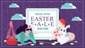 Easter holiday advertising banner sale for design decoration A lying girl and a rabbit with a painted egg between the text with Royalty Free Stock Photo