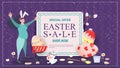 Easter Holiday Advertising Banner Sale for design Decoration Pregnant Girl with cart and painted eggs between text with Royalty Free Stock Photo