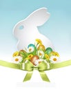 Easter Holiday Background with colofrul eggs in green grass and spring flowers