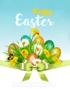 Easter Holiday Background with colofrul eggs in green grass and spring flowers.