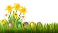 Easter Holiday Background. Colofrul eggs in green grass and spring flowers.