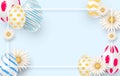 Easter holiday background with 3d easter eggs, daisies and square frame. Imitation of brush strokes.Vector