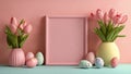 Easter holiday background with easter eggs, photo frame and tulip flowers on pink backdrop. Side view Royalty Free Stock Photo