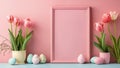 Easter holiday background with easter eggs, photo frame and tulip flowers on pink backdrop. Side view Royalty Free Stock Photo