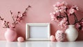 Easter holiday background with easter eggs, photo frame and tulip flowers on pink backdrop. Side view Royalty Free Stock Photo