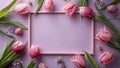 Easter holiday background with easter eggs, photo frame and tulip flowers on pink backdrop. Top view from above Royalty Free Stock Photo