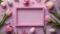 Easter holiday background with easter eggs, photo frame and tulip flowers on pink backdrop. Top view from above Royalty Free Stock Photo