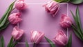 Easter holiday background with photo frame and tulip flowers on pink backdrop. Top view from above Royalty Free Stock Photo