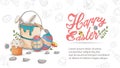 Easter holiday banner greetings bucket with paint for colored eggs in the style of childrens Doodle inscription for