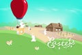 Easter holiday, bunny cartoon village, egg hunt poster calligraphy, landscape sky scene, tale story vector background illustration Royalty Free Stock Photo