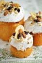 Easter holiday cake with nuts dried fruits on white tablecloth