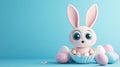 Easter holiday card with a brown bunny rabbit perched in a broken eggshell, highlighted by a bright blue background Royalty Free Stock Photo