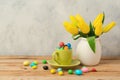 Easter holiday concept with chocolate eggs and tulip flowers Royalty Free Stock Photo