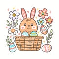 Easter holiday decor collection isolated on white background. Cartoon eggs, bunny, flowers, basket. Simple doodle style Royalty Free Stock Photo