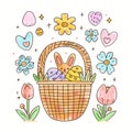 Easter holiday decor collection isolated on white background. Cartoon eggs, bunny, flowers, basket. Simple doodle style Royalty Free Stock Photo