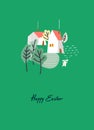 Easter holiday design with hand-lettered greetings cute village, Easter bunny with a basket of eggs