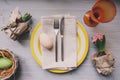 Easter holiday dinner at home. Table setting top view. Royalty Free Stock Photo