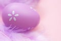 Easter holiday.Easter lilac eggs close-up and purple feathers on a delicate pink background.Festive easter background in Royalty Free Stock Photo