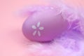Easter holiday.Easter lilac eggs and purple feathers on a delicate pink background.Festive easter background in pastel Royalty Free Stock Photo