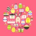 Easter holiday Flat Icons Set over dark pink
