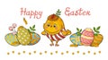 Easter holiday. Funny yellow chick and colored eggs.  Newborn little rooster chicken. Spring greeting card. Vector Royalty Free Stock Photo