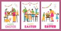 Easter holiday greeting cards set with happy family activities - flat vector illustration.