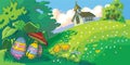 Easter Holiday Landscape Background with Church and Eggs
