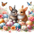 Brightly colored Easter eggs laid out among flowers, butterflies flying around, cute and funny bunnies sitting nearby Royalty Free Stock Photo